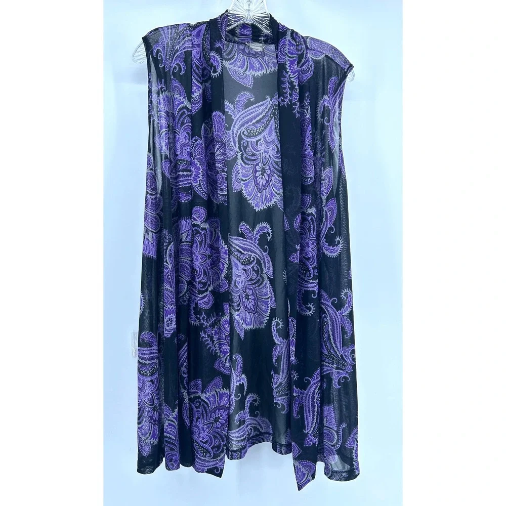Chicos Travelers Purple Paisley Mesh Vest Sleeveless Cardigan Open Front Size 3
